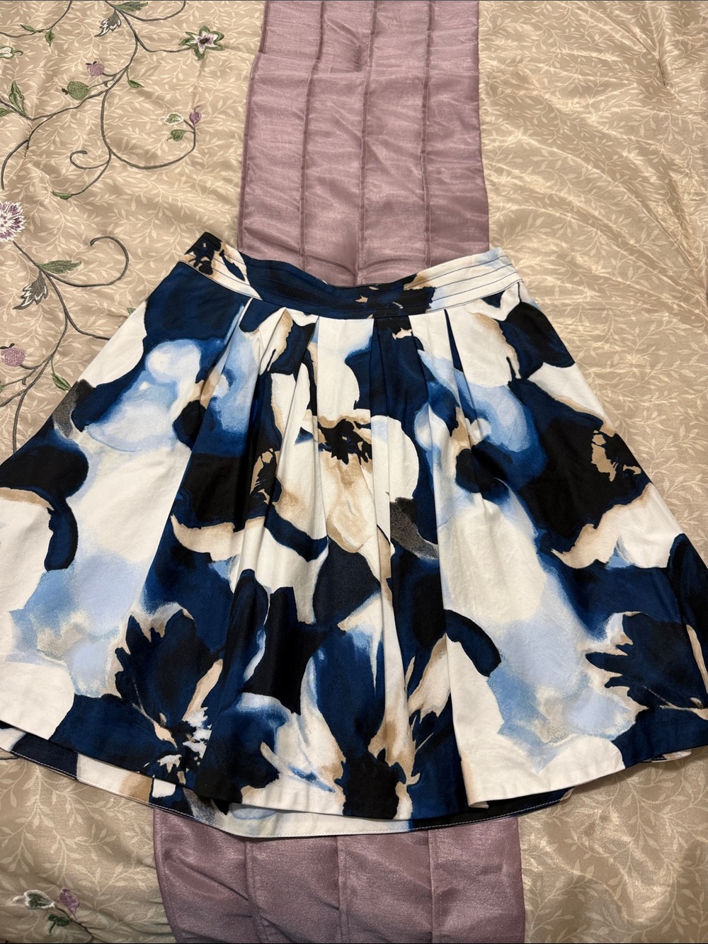 White House Black Market Blue and White Floral Circle Skirt